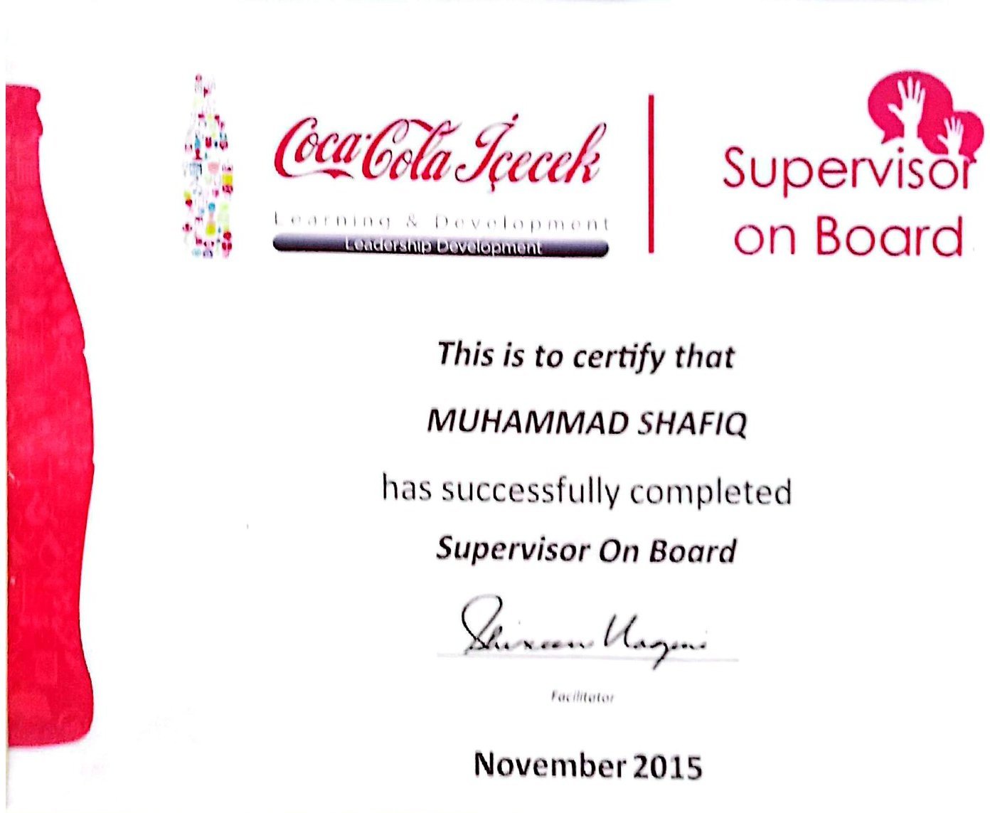 Coca-Cola Icecek Learning & Development — Supervisor On Board certificate