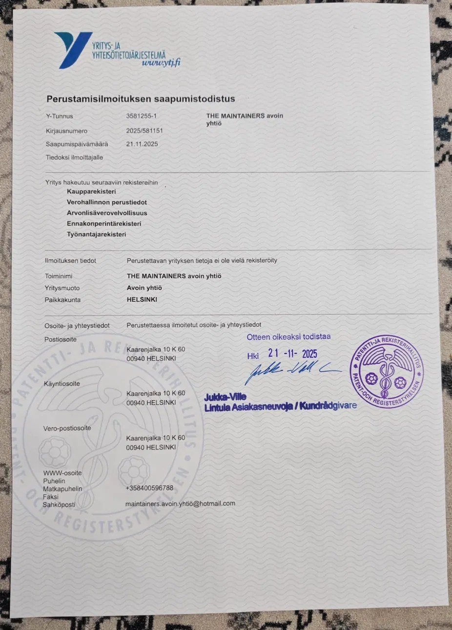 Finland PRH registration certificate — THE MAINTAINERS avoin yhtiö, Y-Tunnus 3581255-1