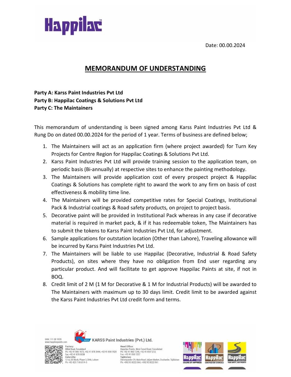 Memorandum of Understanding between Karss Paint Industries / Happilac and The Maintainers