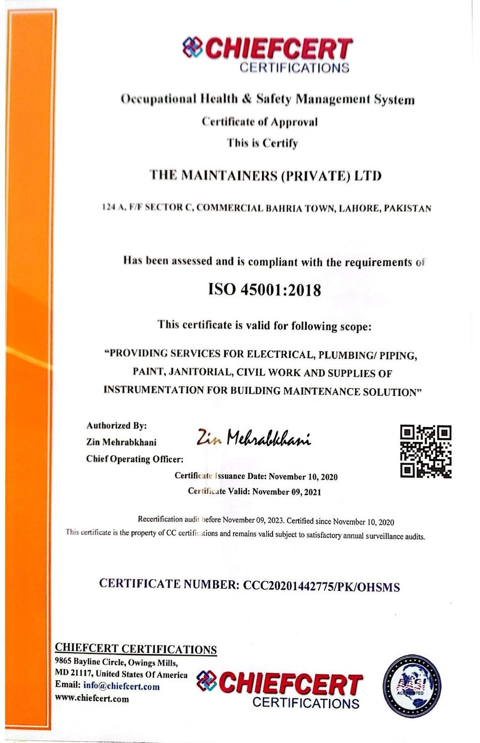 ISO 45001:2018 certificate — The Maintainers (Private) Ltd