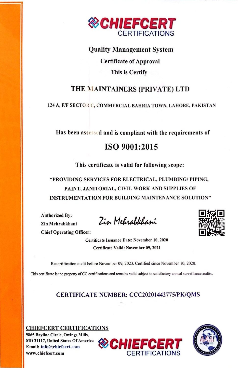 ISO 9001:2015 certificate — The Maintainers (Private) Ltd
