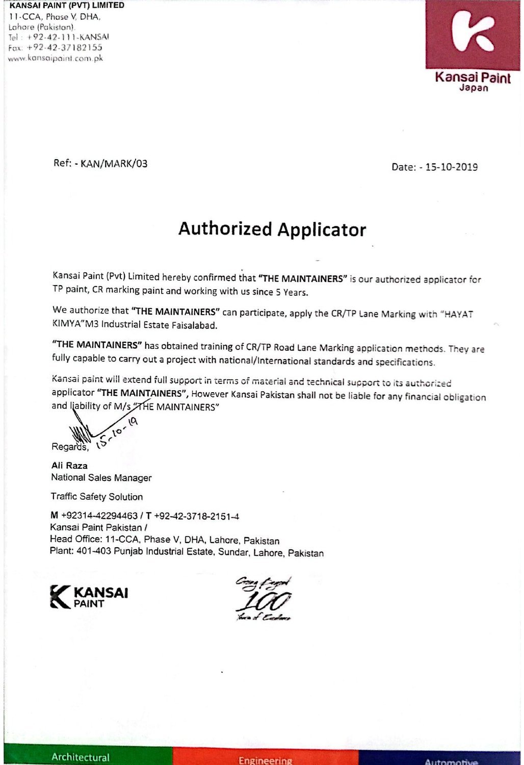 Kansai Paint — Authorized Applicator letter for CR/TP road lane marking, 2019