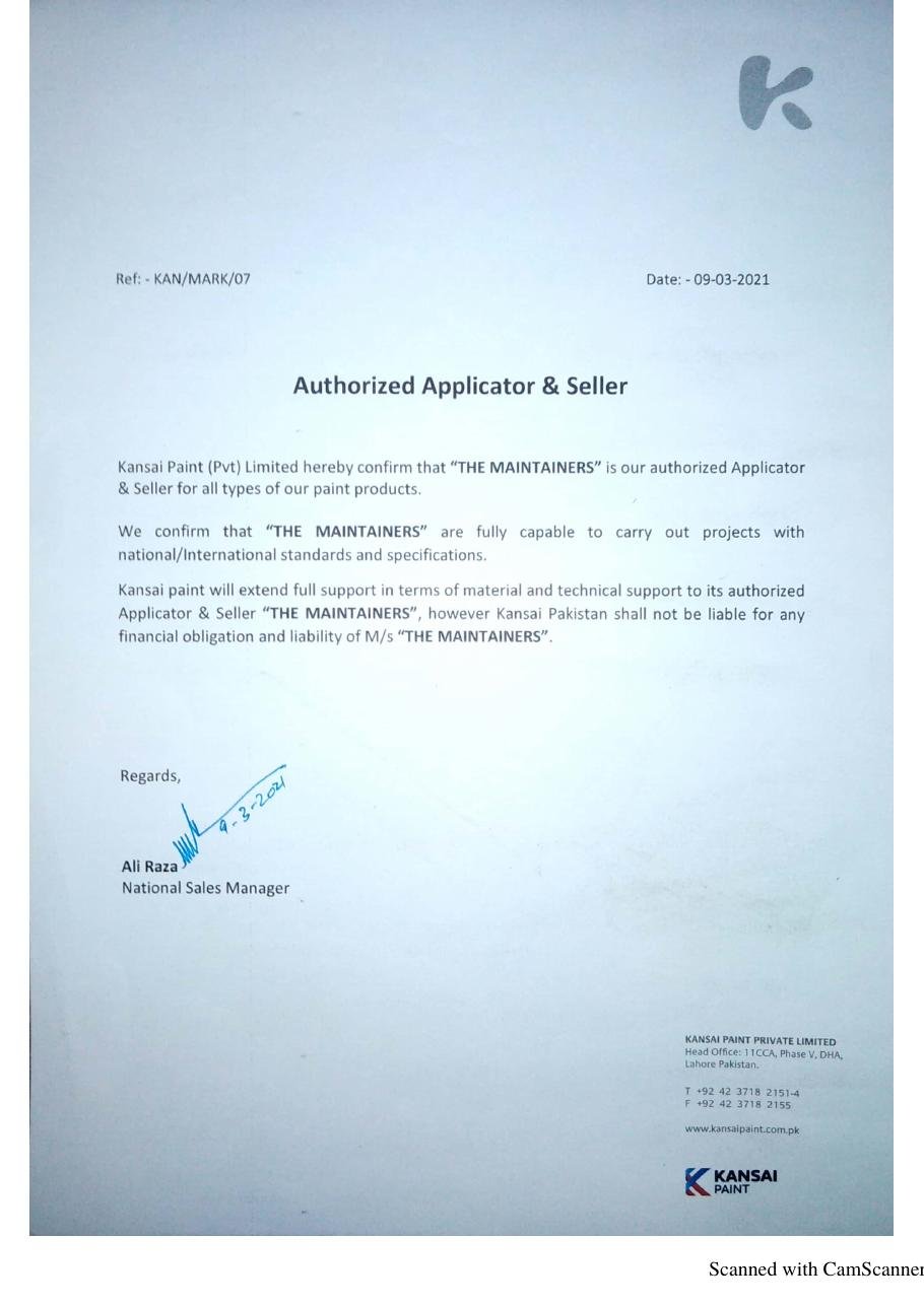 Kansai Paint (Pvt) Ltd — Authorized Applicator & Seller letter for The Maintainers