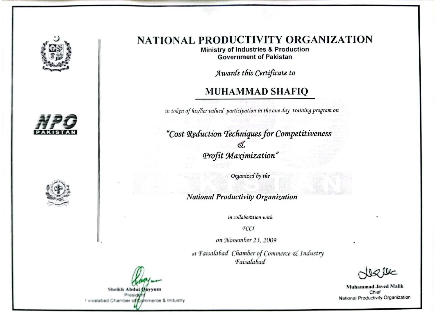 National Productivity Organization certificate — Cost Reduction Techniques for Competitiveness & Profit Maximization