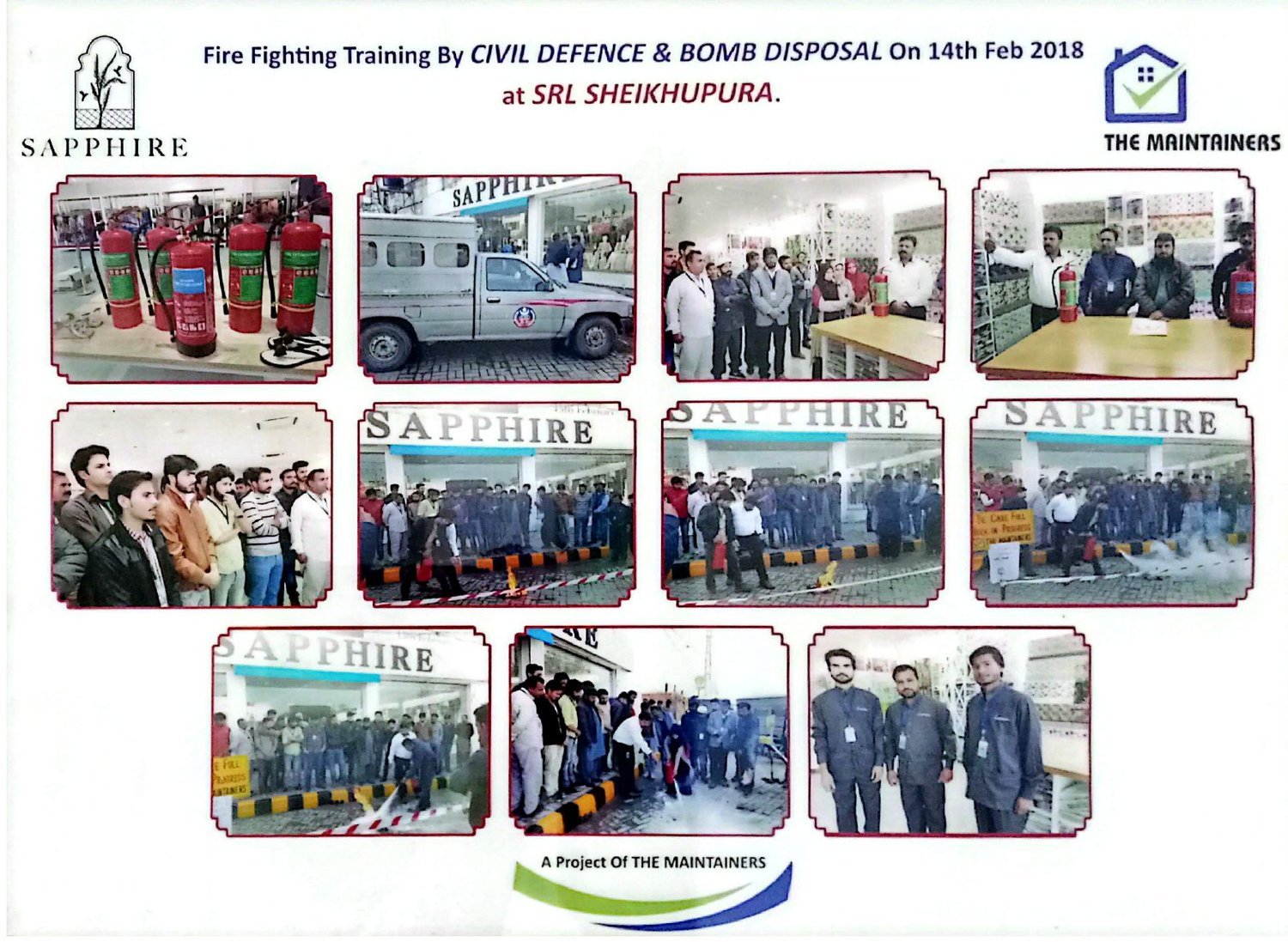 Fire fighting training by Civil Defence & Bomb Disposal at Sapphire SRL Sheikhupura — a project of The Maintainers