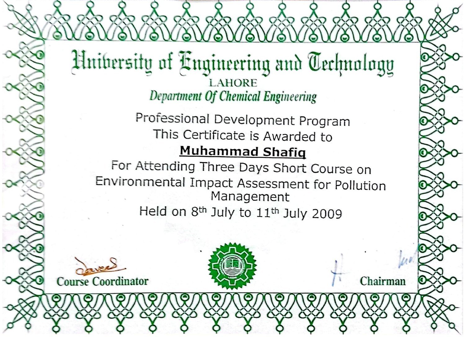 UET Lahore certificate — Environmental Impact Assessment for Pollution Management